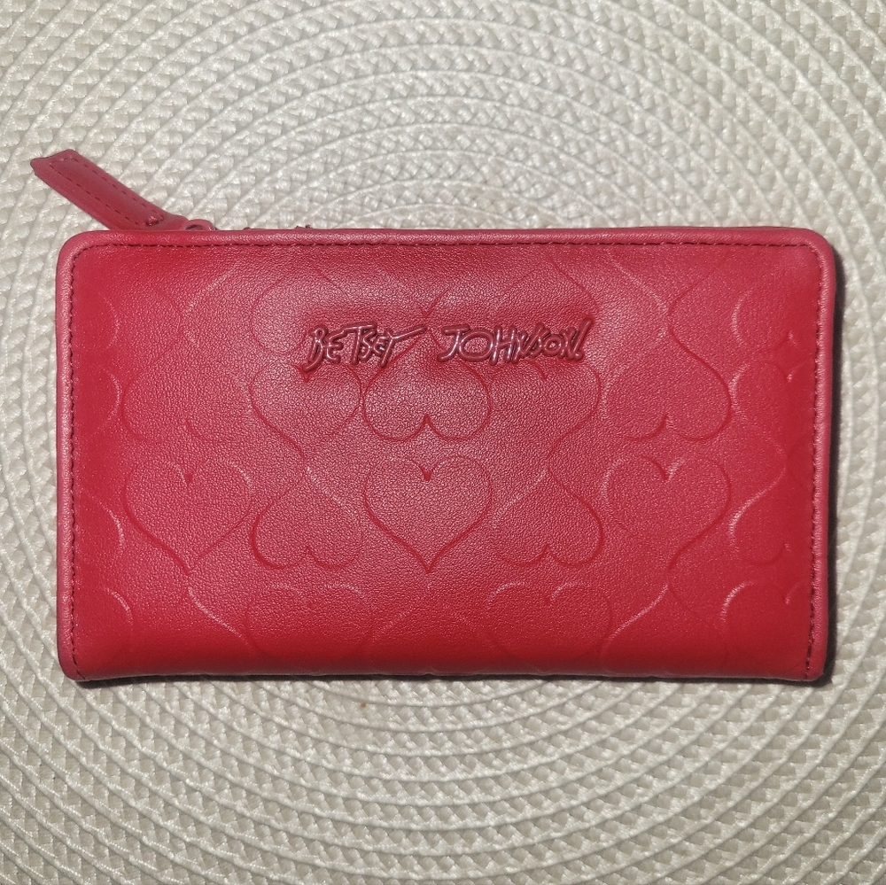 Betsey Johnson Red Heart-Embossed Zip Around Wallet EUC